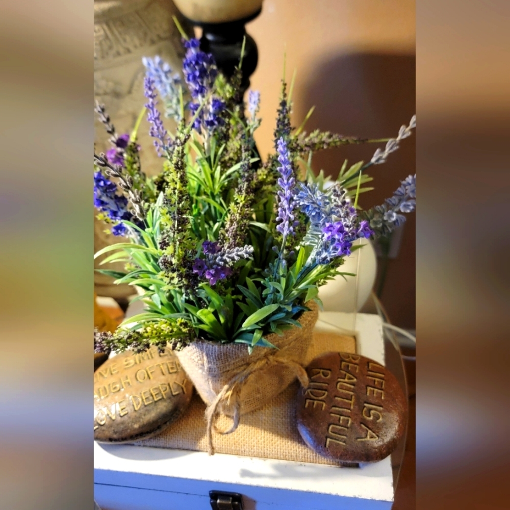 Lavender Floral Arrangement in Burlap bag